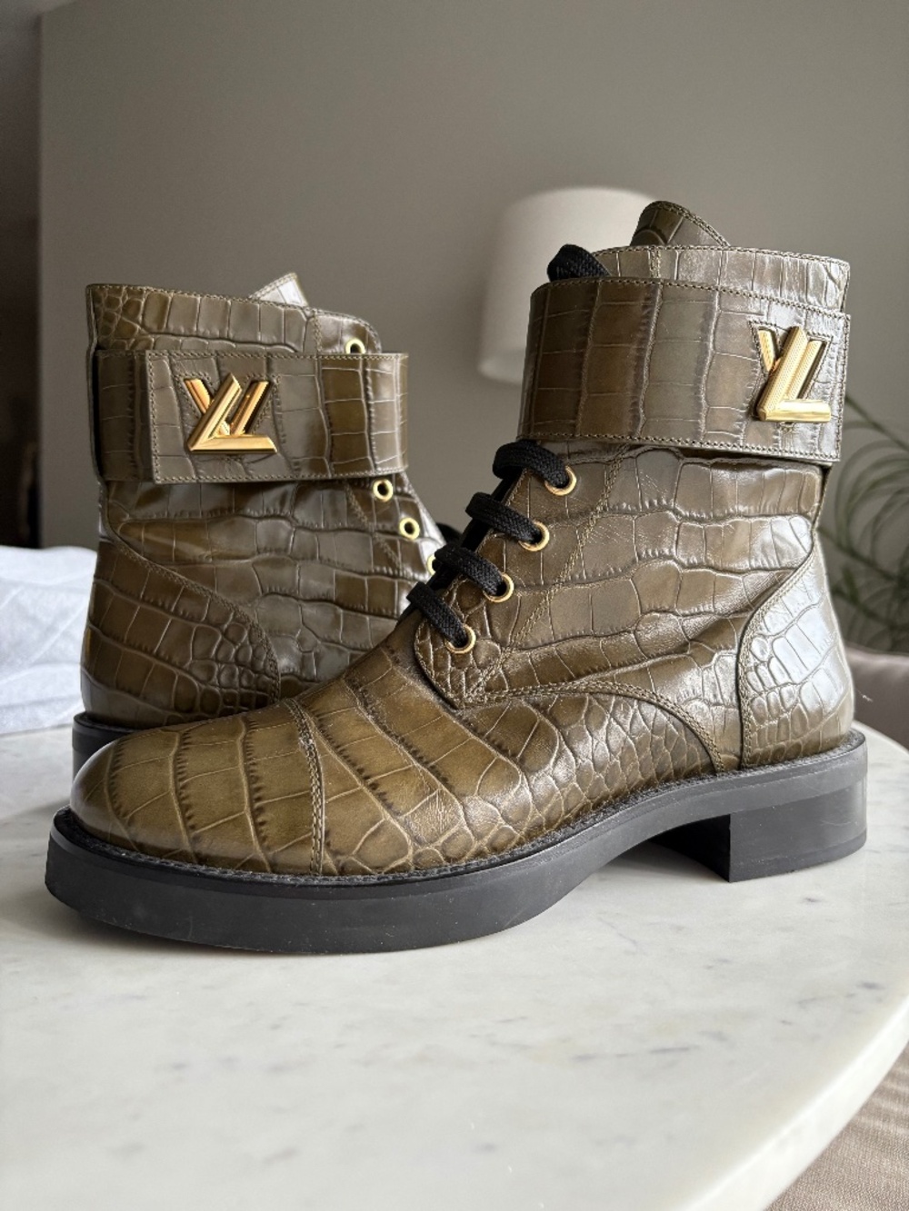 Louis Vuitton Twist Croc Embossed Boot Gold Hardware sz 39